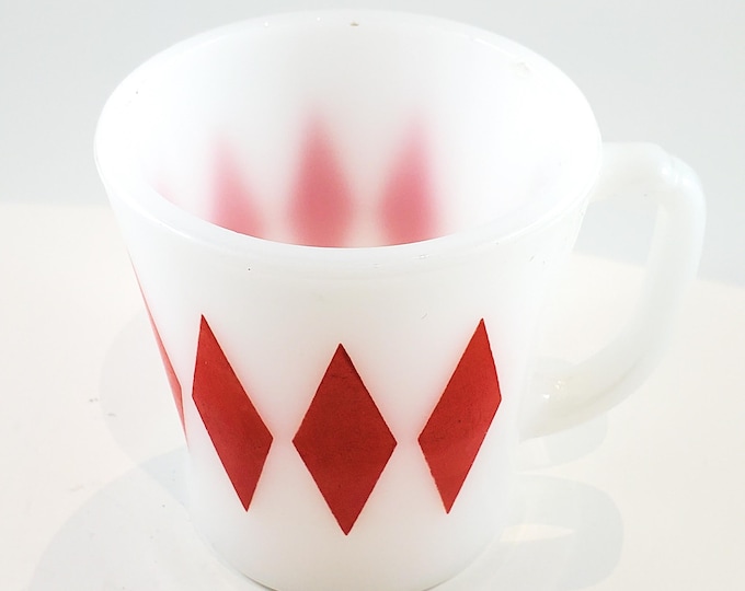 RARE Vintage RED Diamond / Harlequin Milk Glass 8oz Mug Fire King by Anchor Hocking Glass c1950s