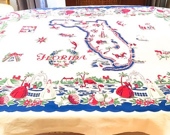 Fabulous 1950's Florida Cotton Tablecloth Classic 1950's Florida Scenes Motif