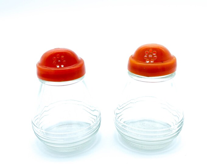 Simple Orange Capped and Clear Glass MCM Salt and Pepper Shakers