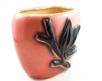 Royal Copley Pink Planter with Black Leaves Vintage Art Deco Ceramic Vase Pink Black Pottery 1950s Mid Century Decor
