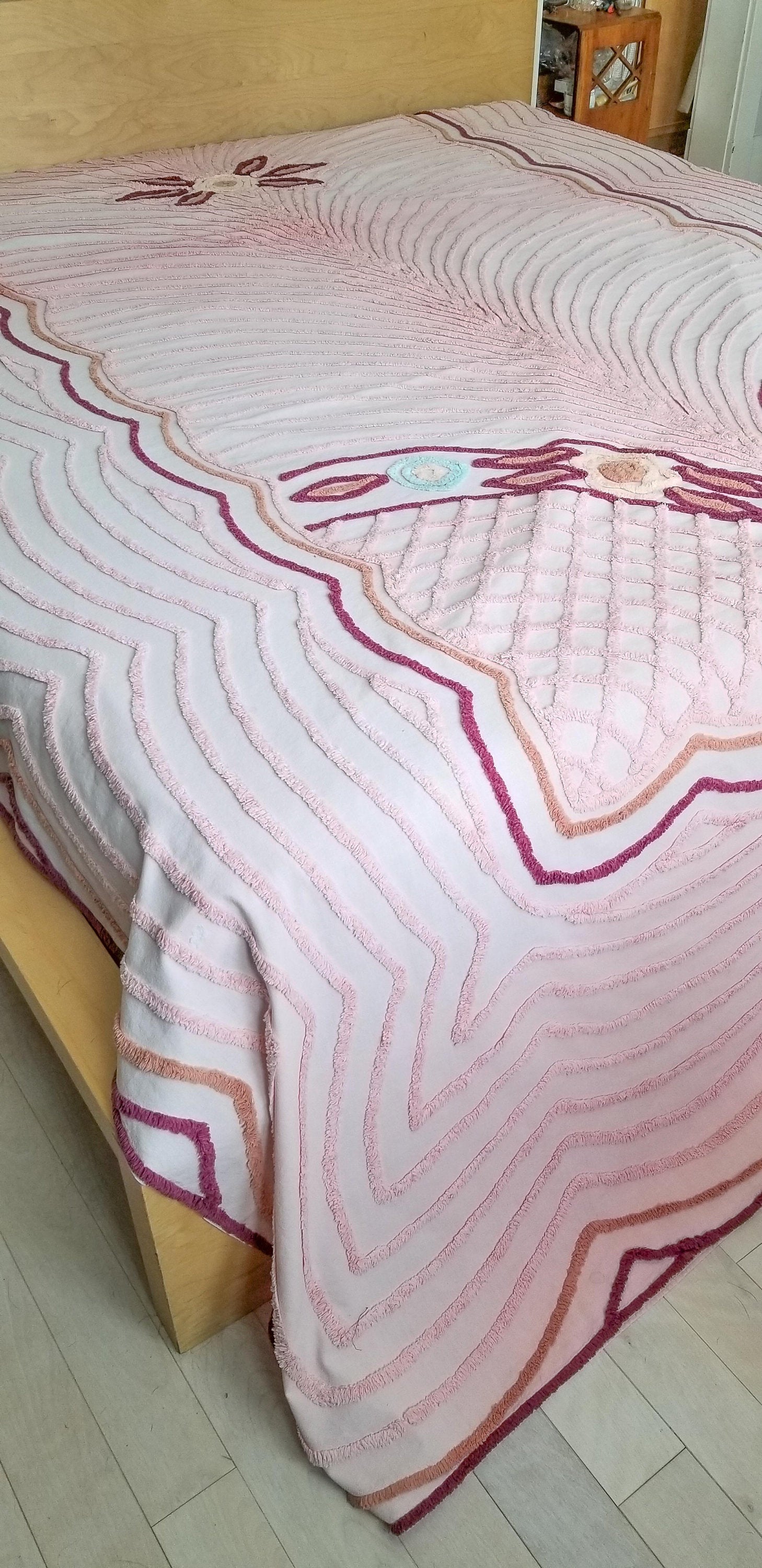 Pink Colored King Chenille Bedspread with Pastel Floral and