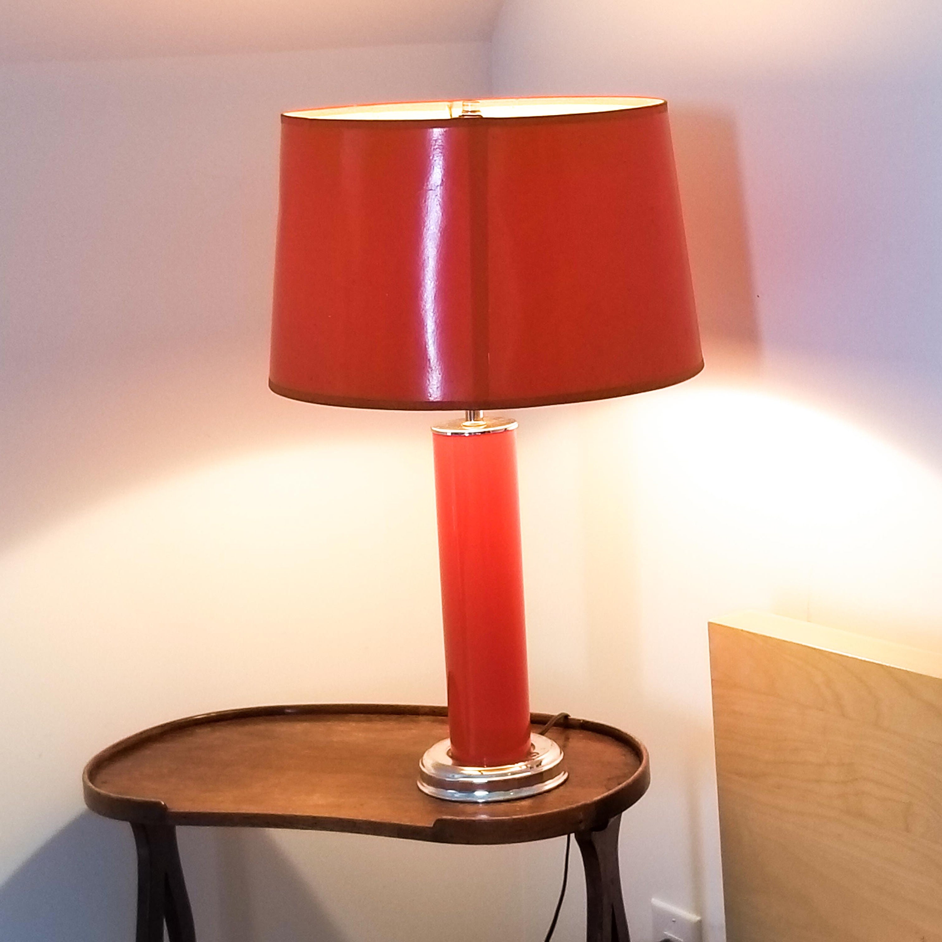 Vintage PAIR of Bright Orange Mid Century Table Lamps with Coated Gloss