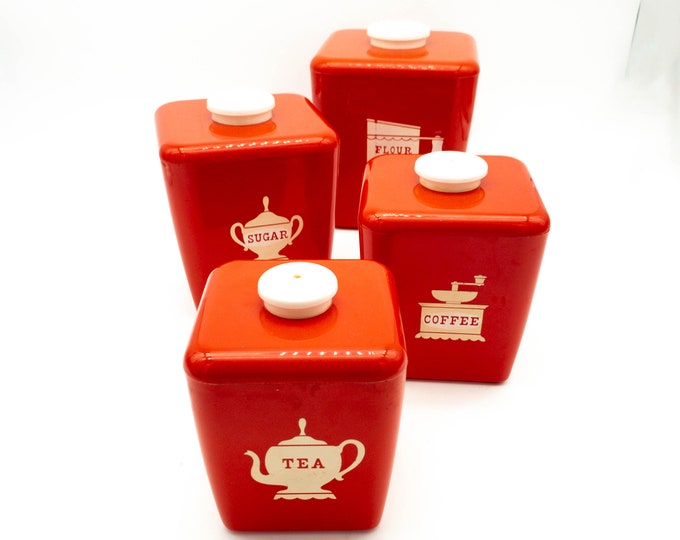 Beautiful Classic RED  Lusto Ware Nesting Kitchen Canisters, Flour, Sugar, Coffee, Tea