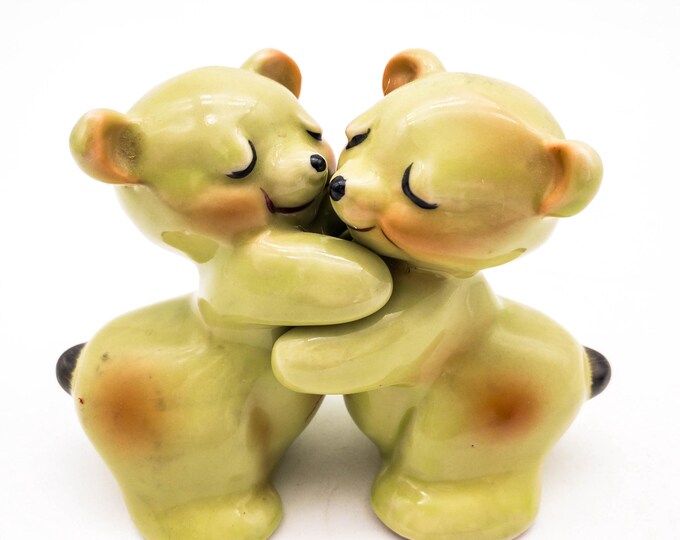 1950s Vintage Large Hugging Bears in Green with pink Highlights