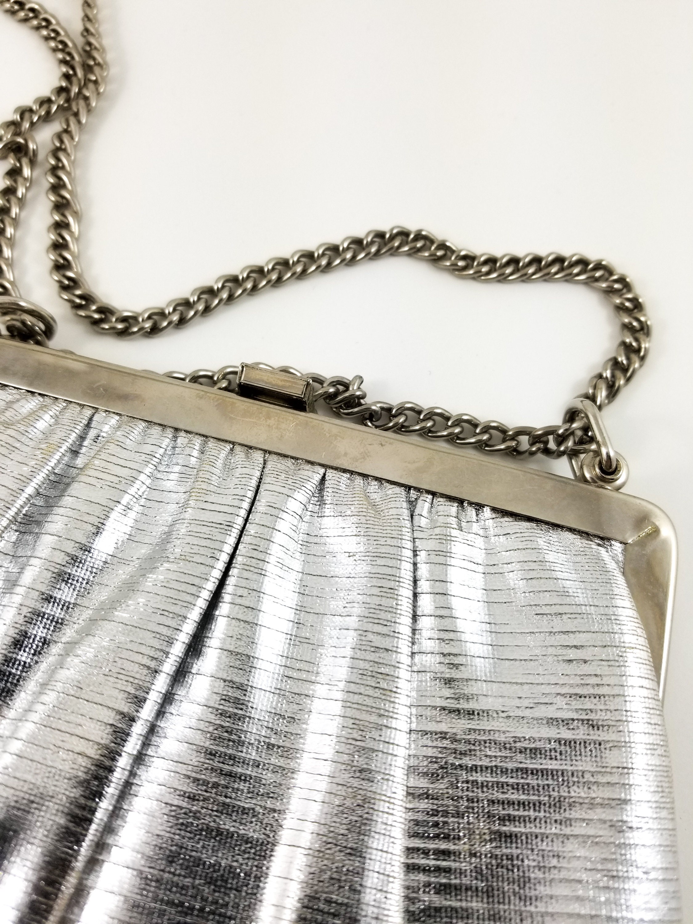 Fantastic Silver Lame Vintage Handbag with Metallic Adjustable Chain