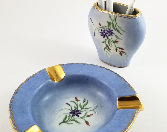 Beautiful Set of Arabia Made in Finland Porcelain Ashtray and Holder in Powder Blue and Gold with Floral detail