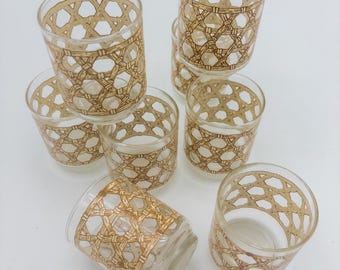 Rattan Pattern Rock Glasses, Set of 8, Mid Century