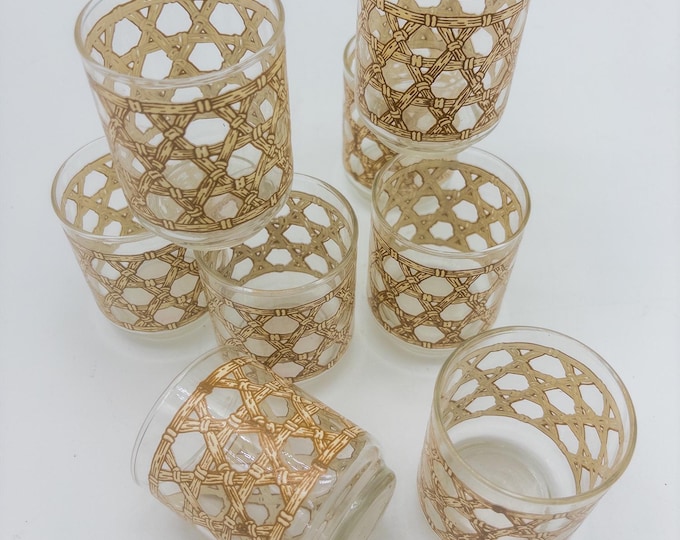 Possibly Culver Rock Glasses, Old Fashioned Glasses 8 Mid Century Barware Whiskey/Lo-Ball Glasses, Rattan Pattern, Stackable