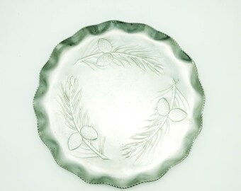 Silver Aluminum Round Tray with Pine cone motif and Silver Edging
