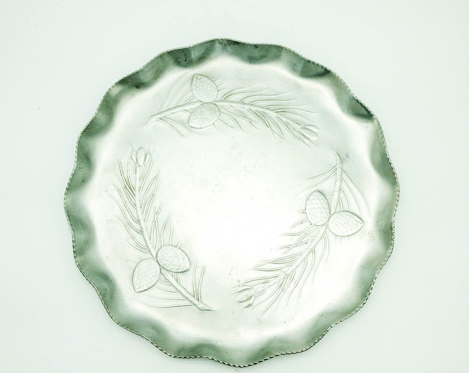 Silver Aluminum Round Tray with Pine cone motif and Silver Edging