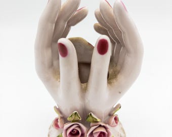 Vintage Mid Century Hand Painted Lady Hands Vase with Painted Fingernails and Roses and Gilt at the Base