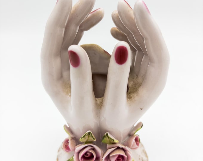 Vintage Mid Century Hand Painted Lady Hands Vase with Painted Fingernails and Roses and Gilt at the Base