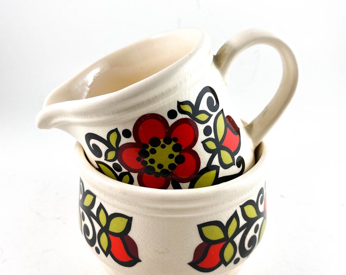 60s Flower Power Sadler Cream and Sugar in Red, Black and Green, Boho Kitchen, Stoneware, Staffordshire England