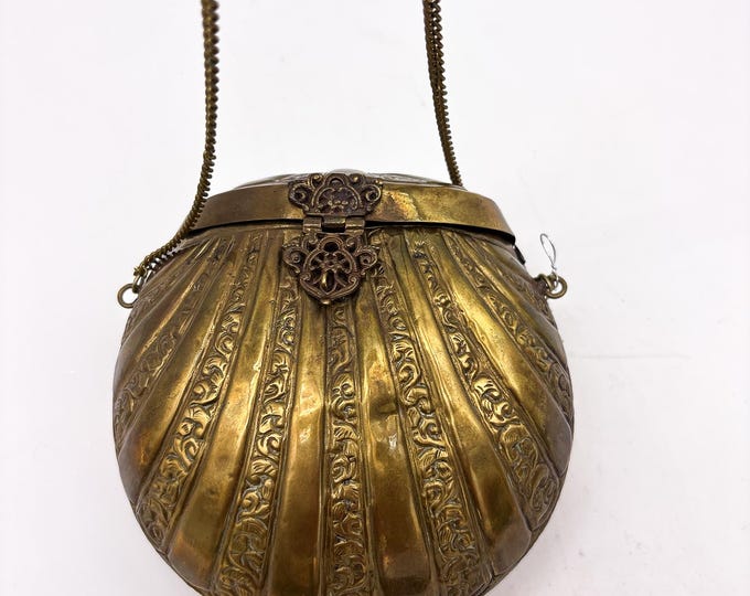 Fantastic Hinged latched Brass Box Purse with long Chain