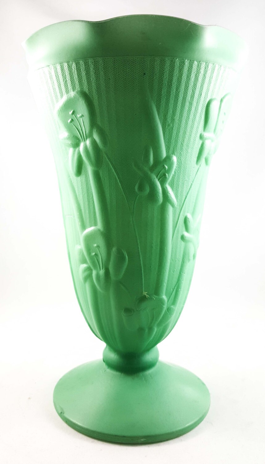 Beautiful Translucent Jade Milk Glass Pedestal Vase with Floral Relief