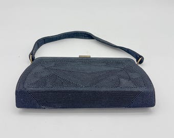 Stunning 1950's Vintage Black Corded Fabric Handbag/Purse with Brass Latch