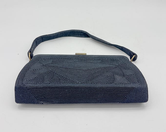 Stunning 1950's Vintage Black Corded Fabric Handbag/Purse with Brass Latch