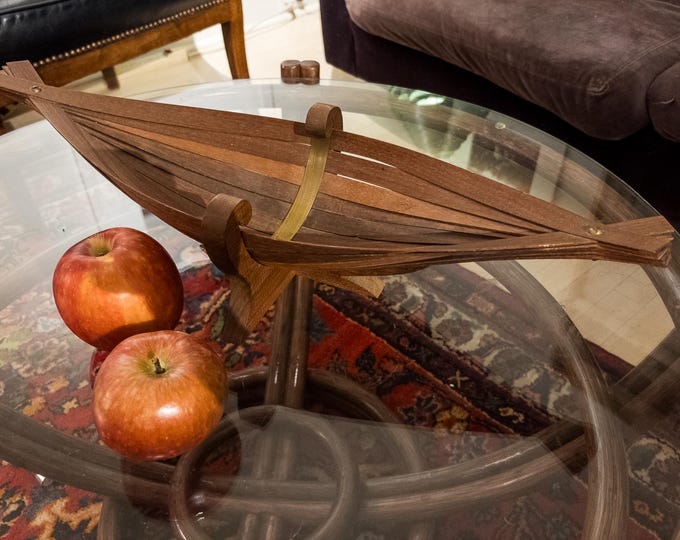 Stunning Mid Century Teak "Canoe" Basket/Bowl with Brass Ties