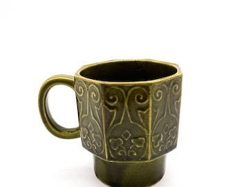 Japan Drip Glaze Green Stacking Coffee Mug with double finger handle, Hexagonal sides