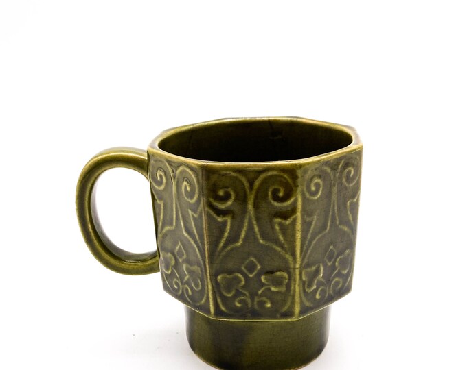 Japan Drip Glaze Green Stacking Coffee Mug with double finger handle, Hexagonal sides