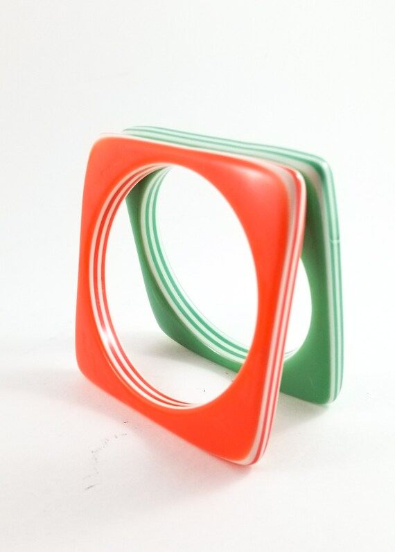 Gorgeous Pair of Square Lucite Bangles Orange and… - image 2