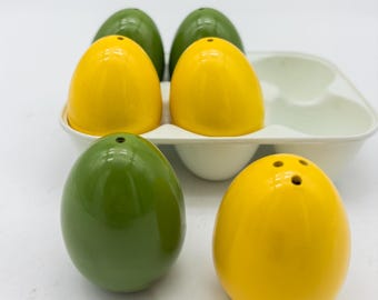 1970's Green and Yellow Egg Salt and Pepper set in White Egg Tray