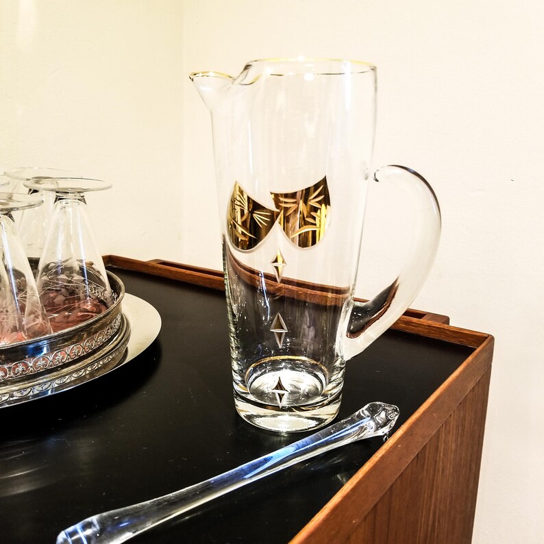 Blown Glass Gilt TragedyComedy Mask Themed Martini Pitcher with Glass stir stick