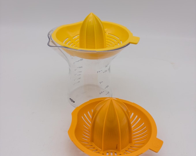 Vintage 3 Piece OXO Glass Citrus Reamer with lemon and orange reamers and measuring cup.