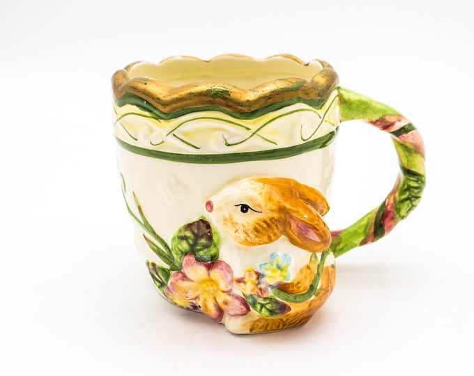 Adorable Hand Painted WMG Ceramic Bunny Mug with Bunny in High Relief. Easter Mug. Spring Mug.
