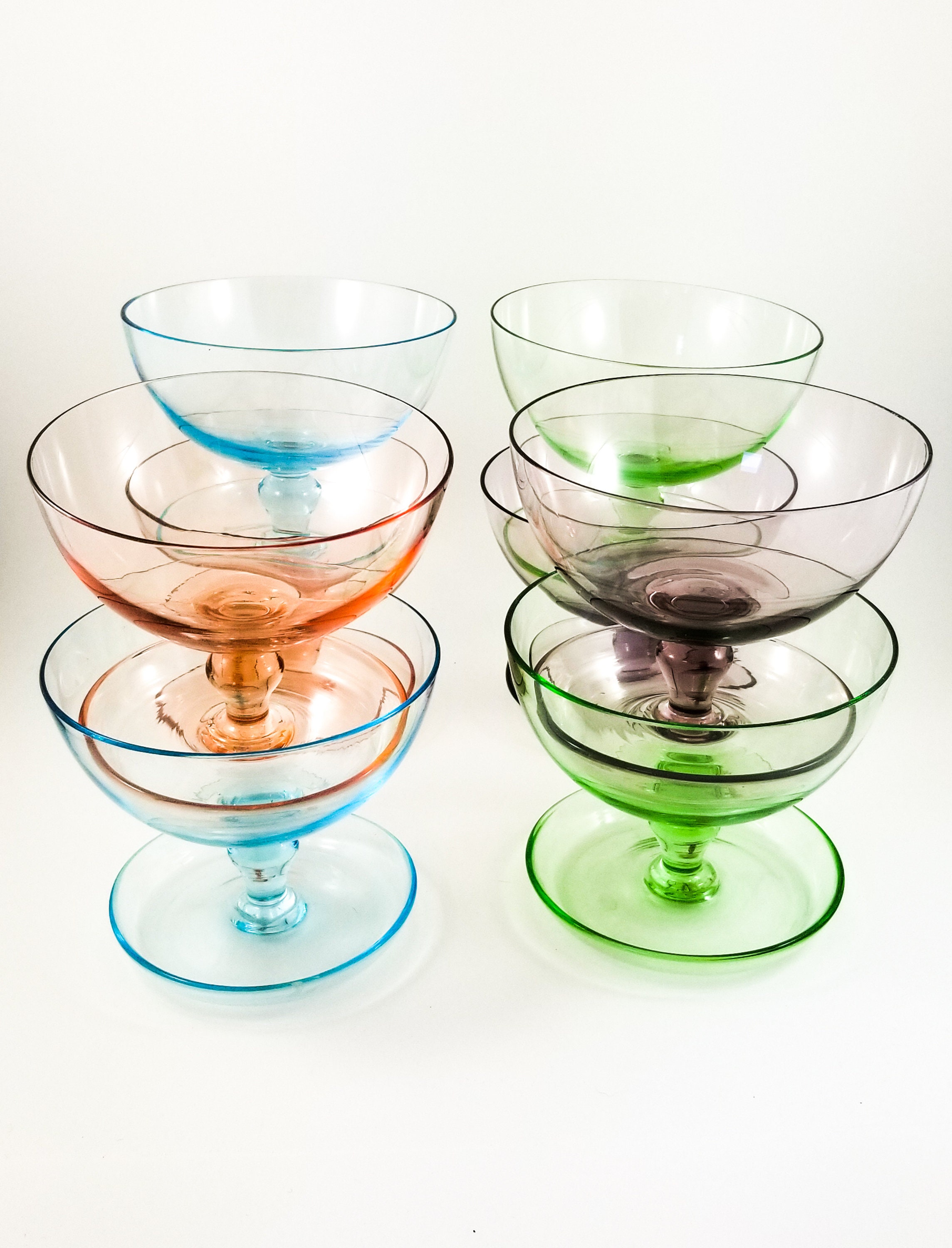 8 Multicoloured Glass Sherbet Ice Cream Cups with attached base