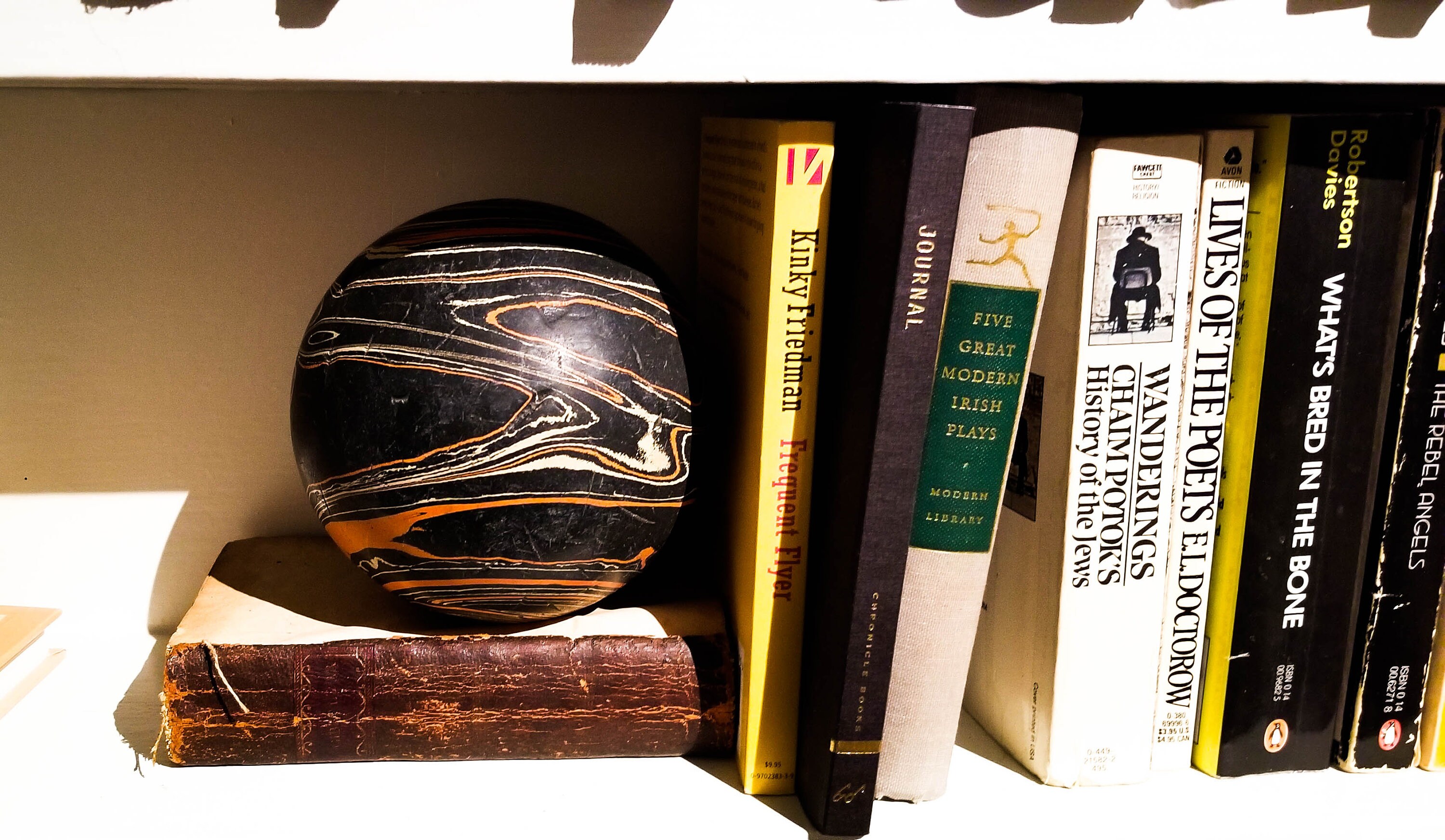 1950's Gorgeous Marbleized 5 pin Bowling Ball in Black and Orange