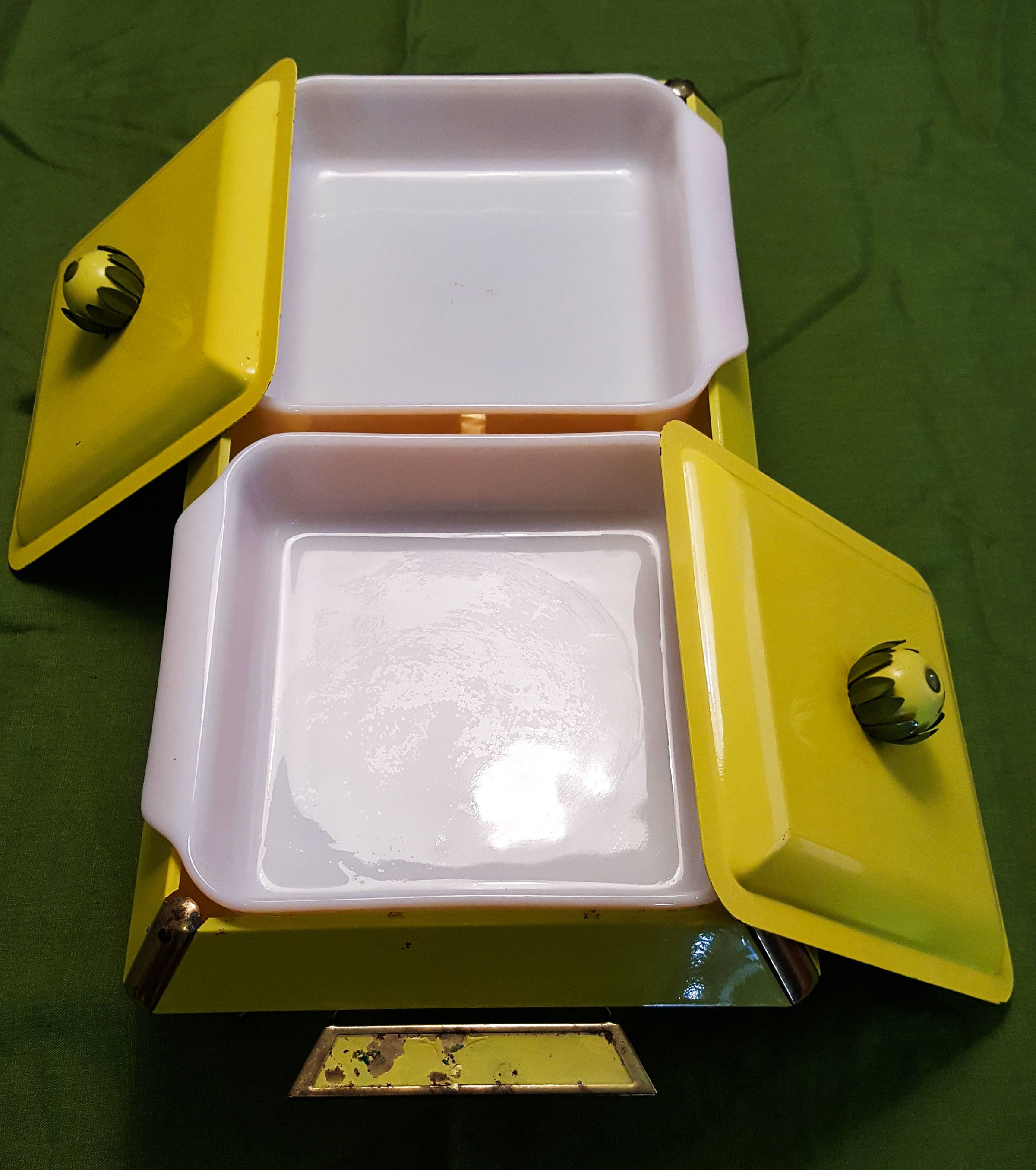 Mid Century Vintage FireKing Chafing Dish with 2 Glass Inserts in