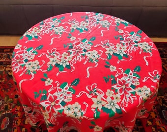 1950's Red Round Xmas Cotton Tablecloth with Floral Design 58" Round