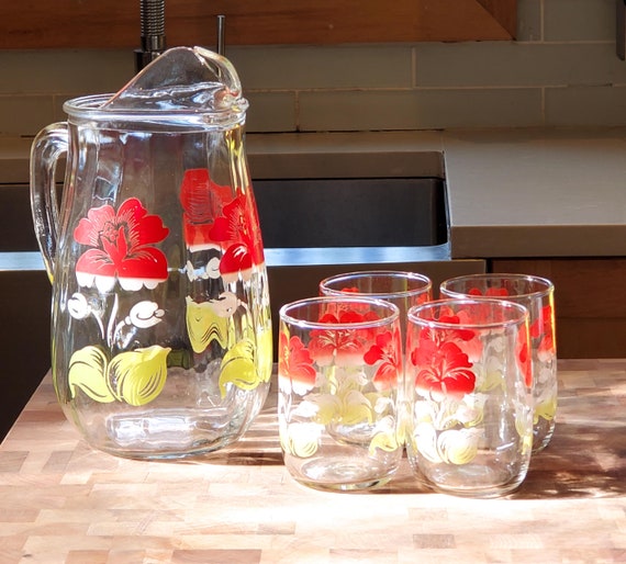 Adorable Little Floral Glass Juice Pitcher With Red and Yellow Flowers and  4 Matching Glasses 