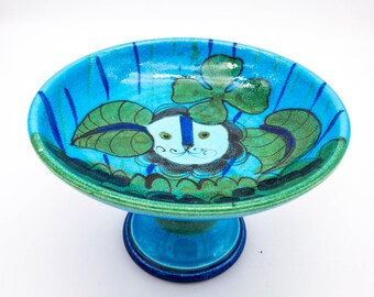 Gorgeous Blue and Green Candy/Trinket Dish with Footed Base, and Whimsical Lion Motif, Candy Dish. Fruit Bowl, Nut Dish, Soap Dish,