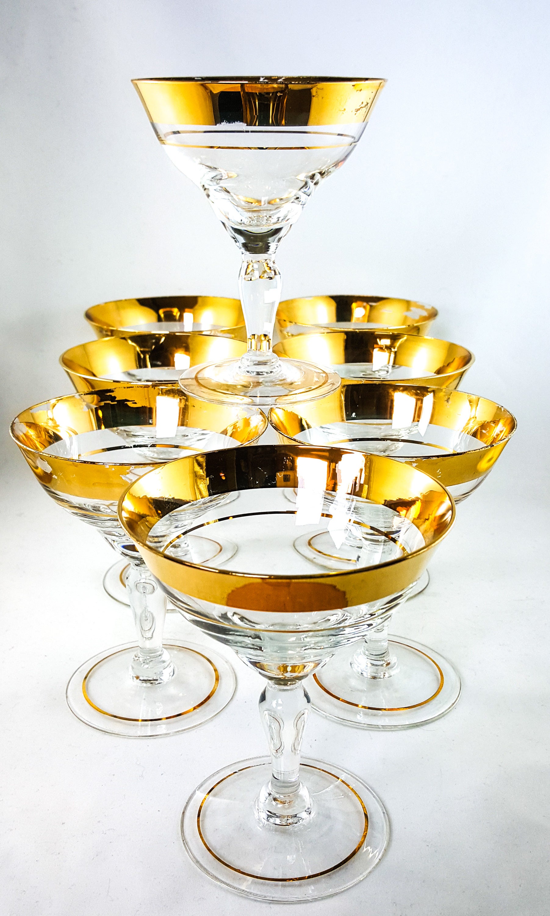 Fabulous Set of 1920's 8 Gilded Coupe Glasses