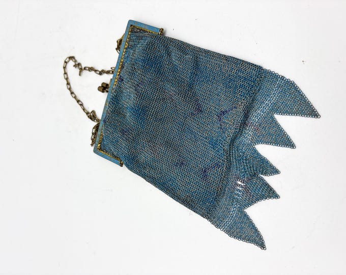 Magnificent Antique Blue Metal Silver Mesh/Maille Evening Bag with pattern  w/ strap/Antique 1900s Handbag Kiss Lock
