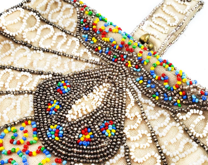 Gorgeous Seed Beaded Fabric Bag with Beaded Handle  and Brass Kiss Clasp. Red, Yellow, Blue, Gold and White Seed beads.