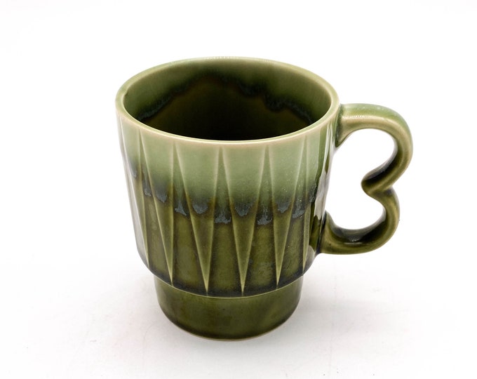 Japan Drip Glaze Green Stacking Coffee Mug with double finger handle. Embossed designs.