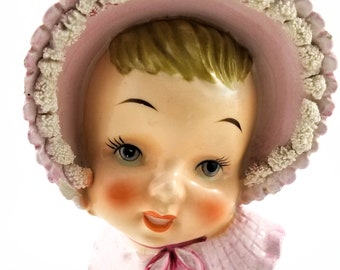 Vintage Baby head Vase with Pink Bonnet