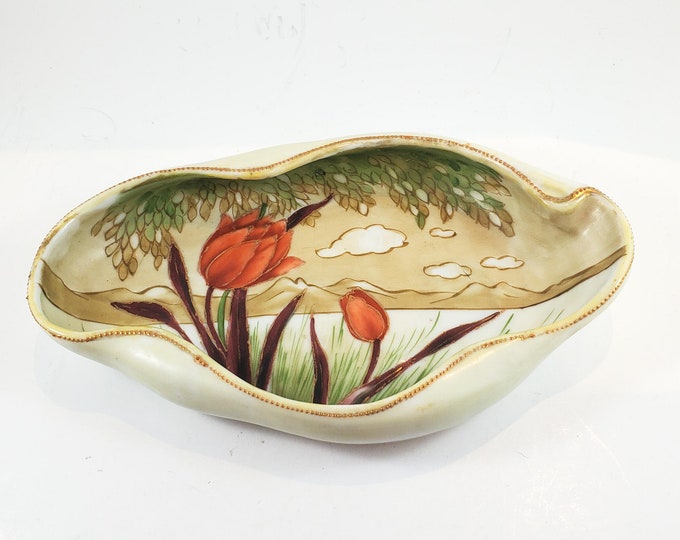 Vintage Ceramic Hand Painted Organic Form Candy/Trinket Dish. Exquisite hand painted Florals with Gilding.