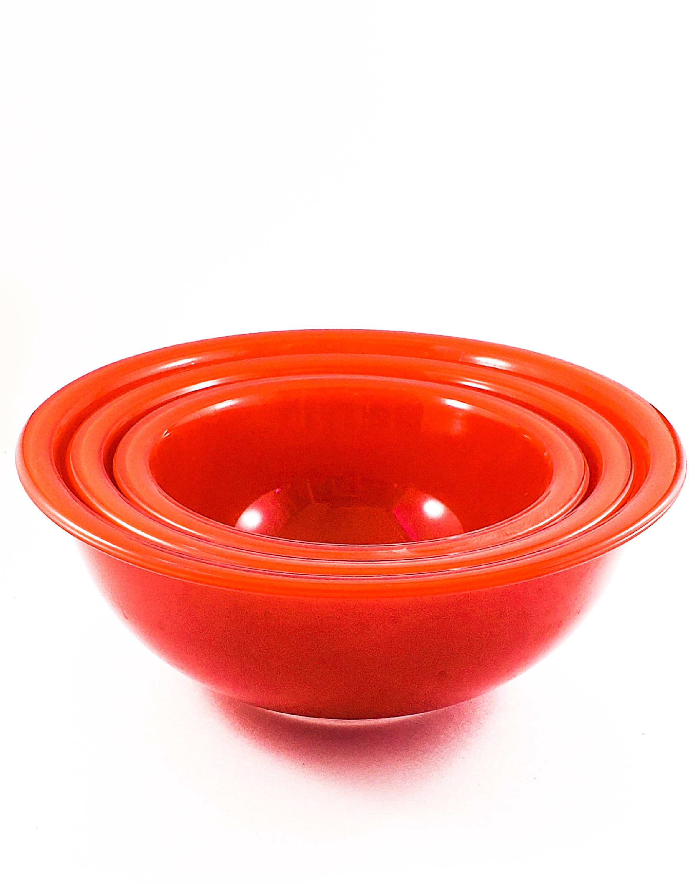 Set of Three RED Pyrex Clear Bottom RED Mixing Bowls
