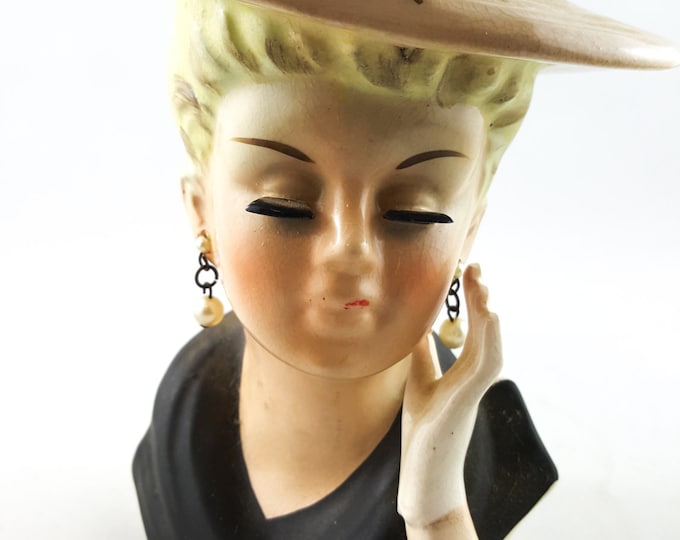 Vintage Inarco Mid Century Lady Head Vase in Elegant Black with Dangling Pearl Earrings