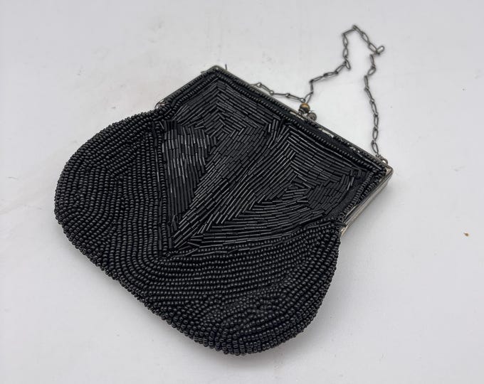 Magnificent Hand Beaded Black Bag with Beaded Strap and white and Gold Vine Pattern