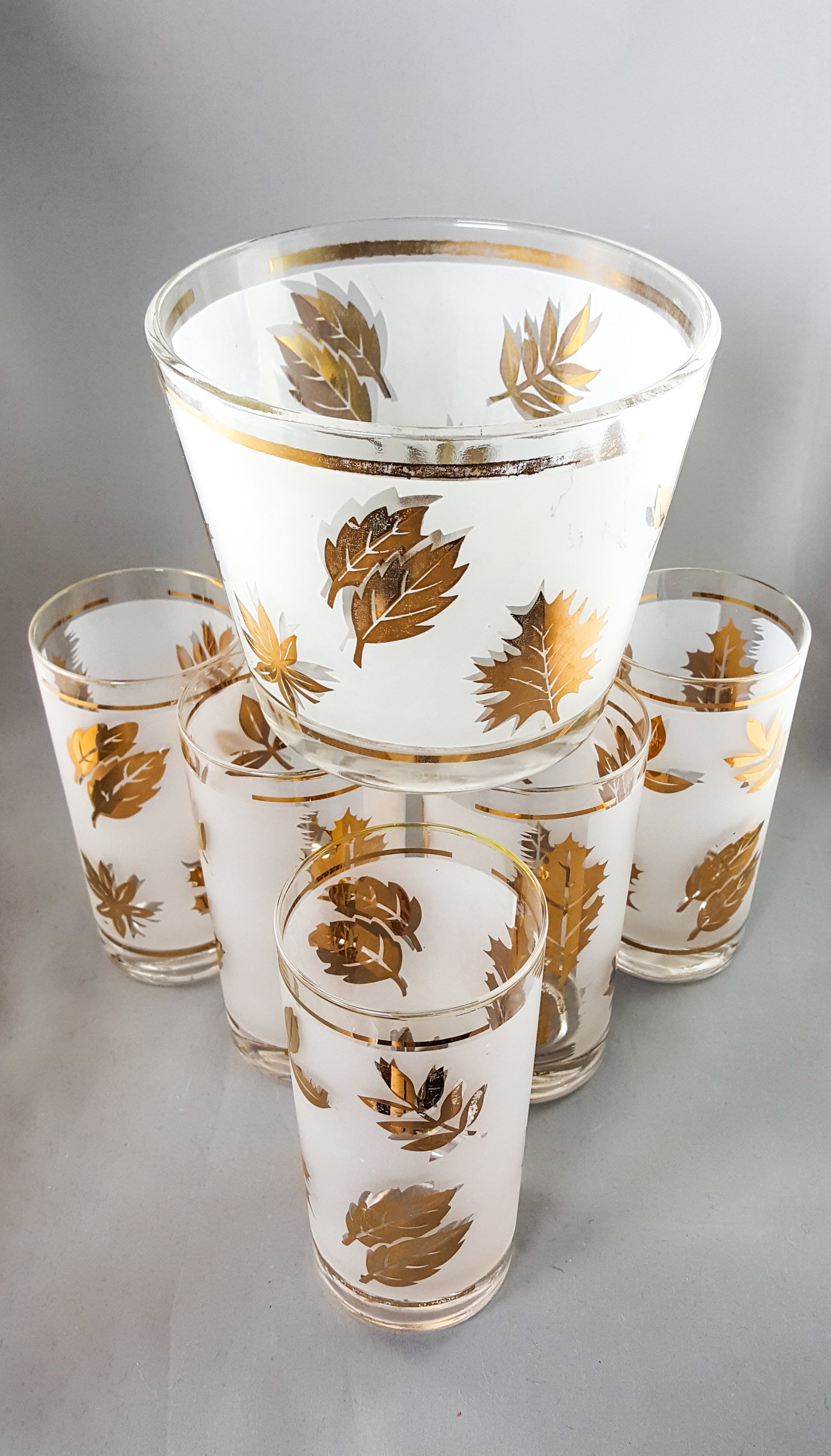 Vintage Libbey Glasses Gold Leaf Foil Frosted Leaf Motif Retro