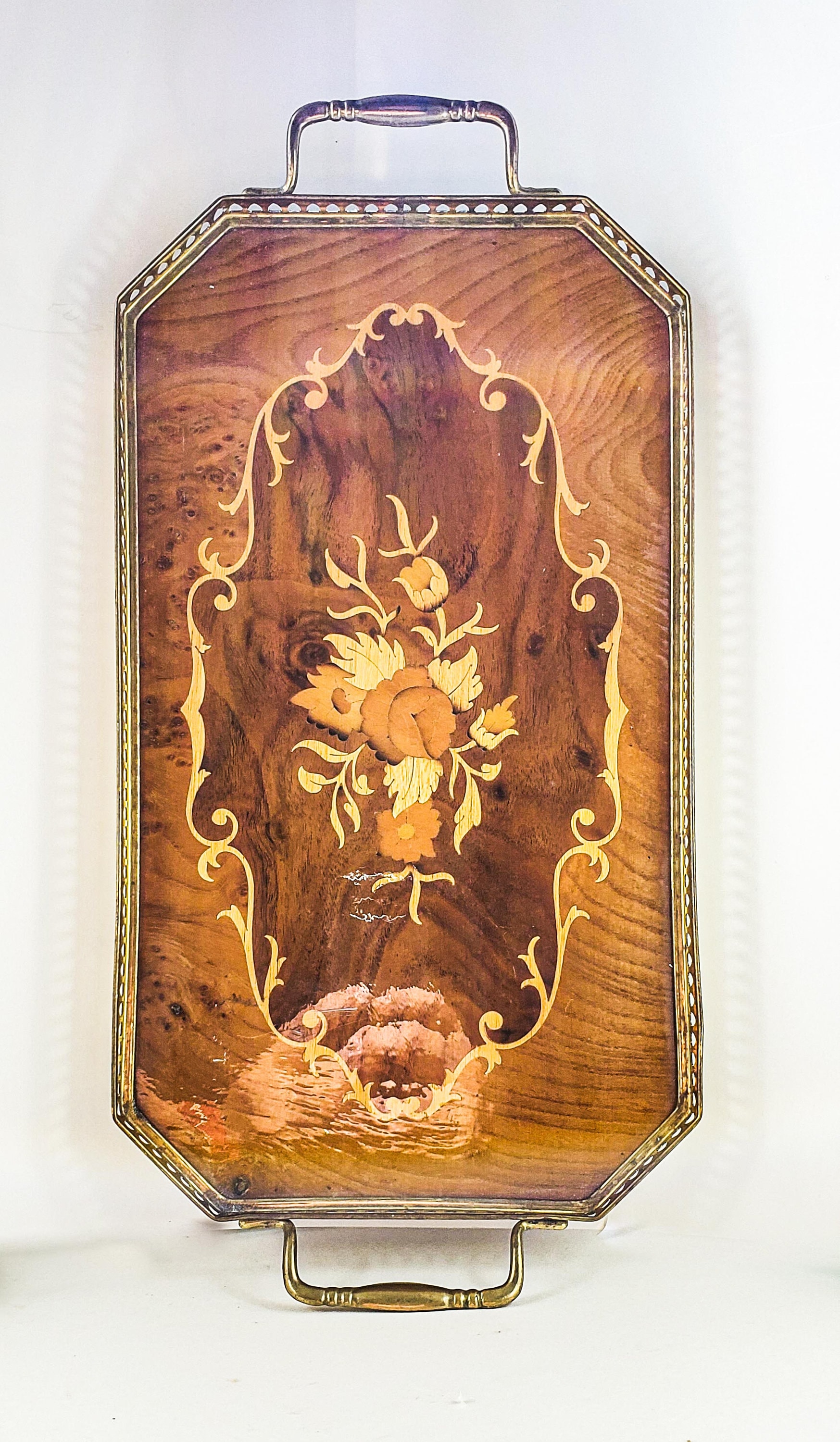 Mid Century Modern Inlay Wood and Brass Tray/Platter by Birks, with