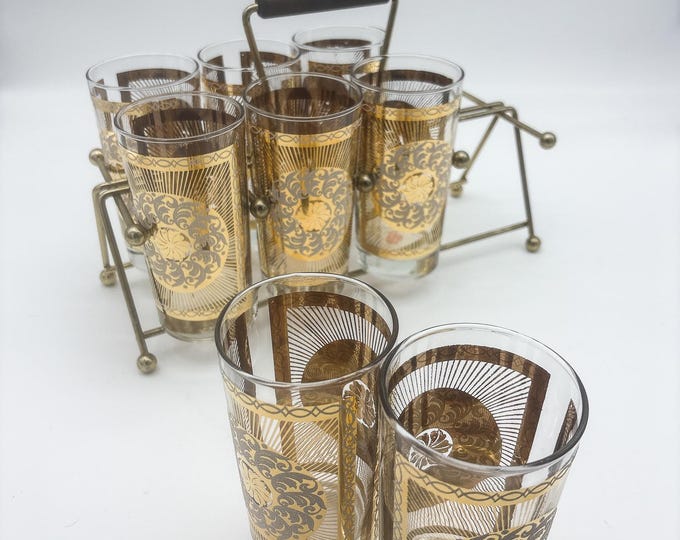 Mid Century Libbey Highball Glasses Set, Gilt Hollywood Regency Brass Caddy