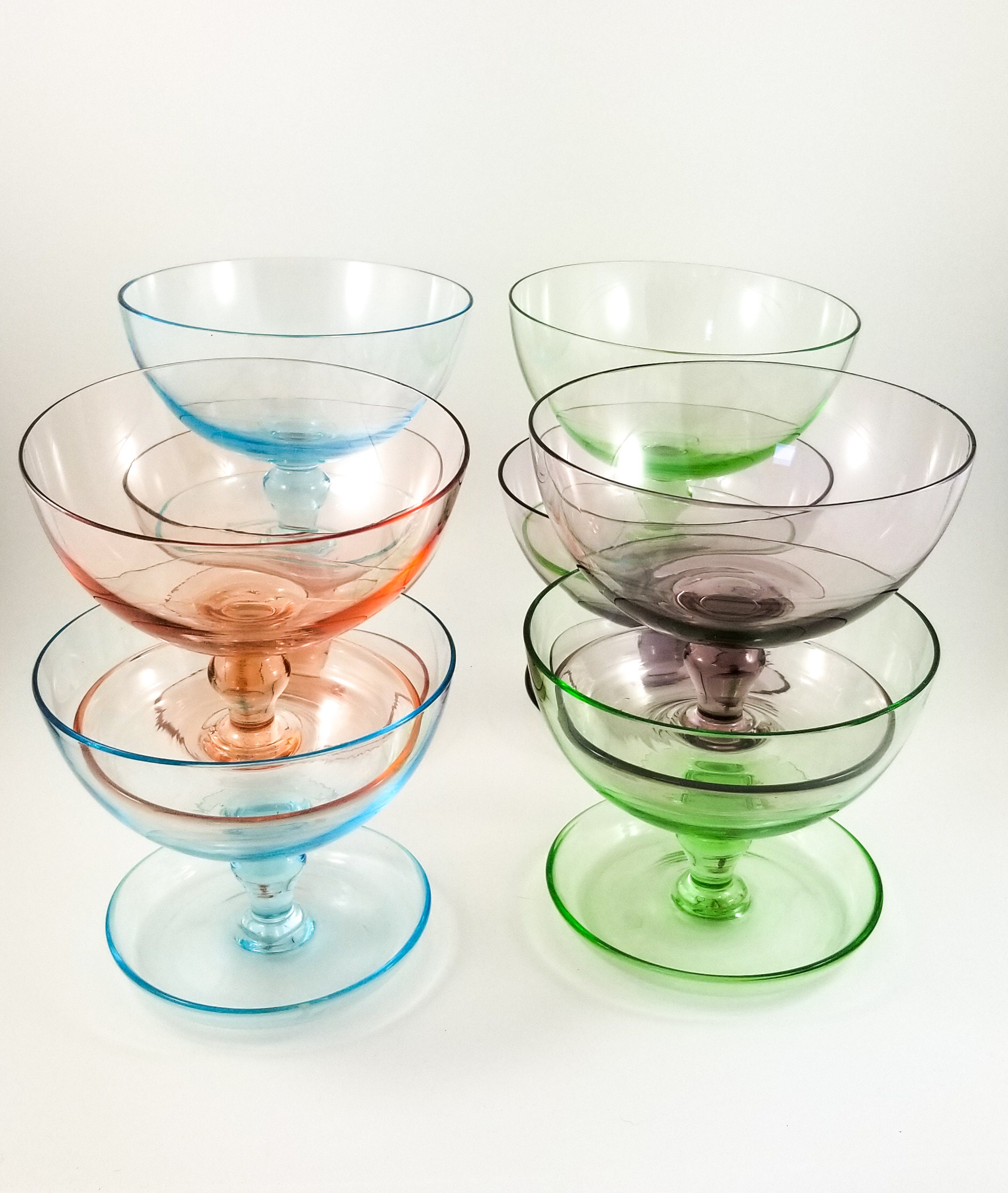 8 Multicoloured Glass Sherbet Ice Cream Cups with attached base