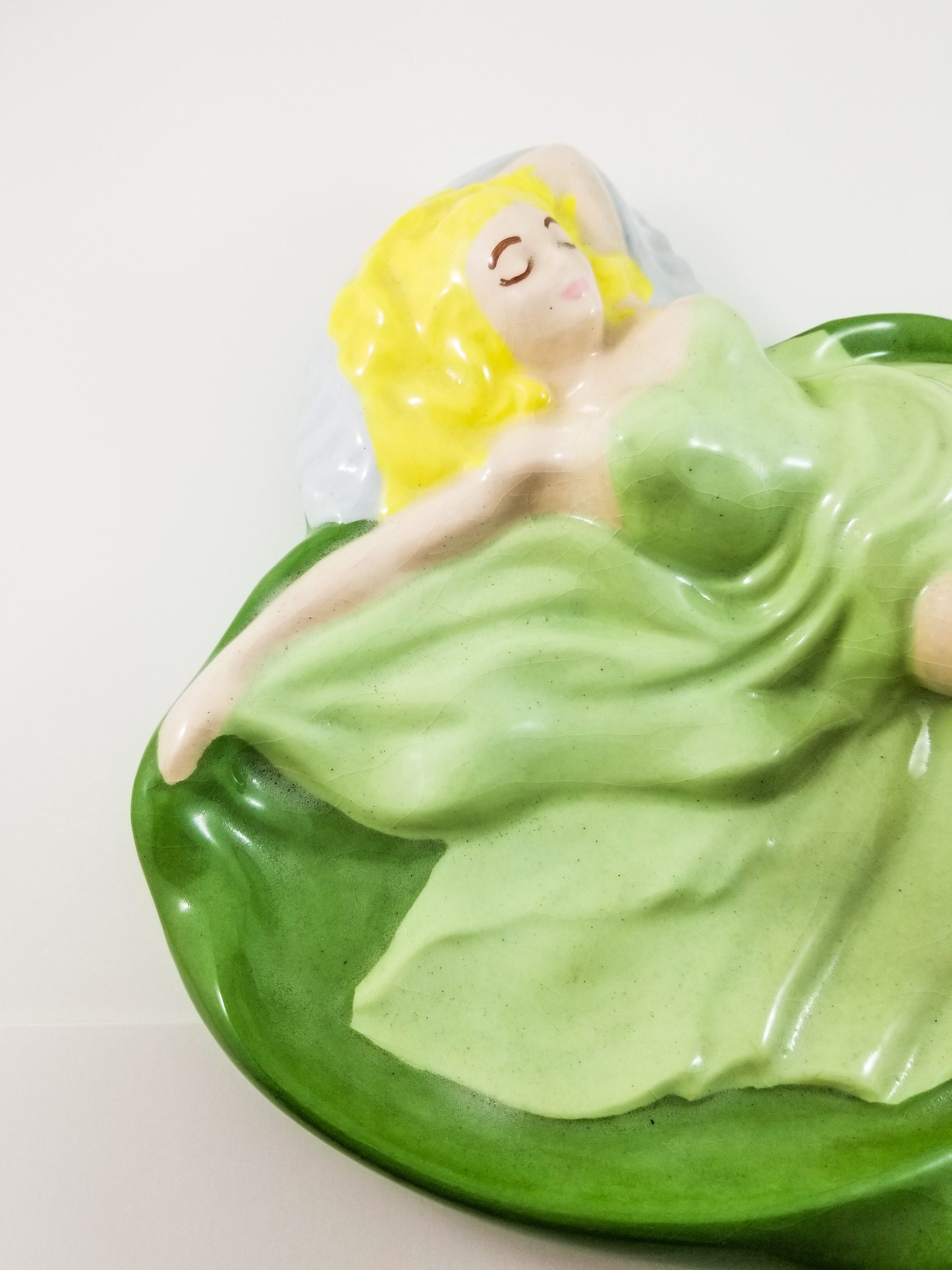 Vintage Green Pin Up Girl Jewelry Dish, Ash Tray, Woman Laying Down