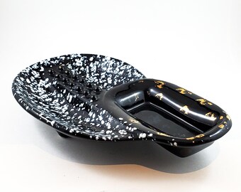 Mid Century Vintage Black White and Gold Speckled Ashtray/Catch-All, Trinket Tray